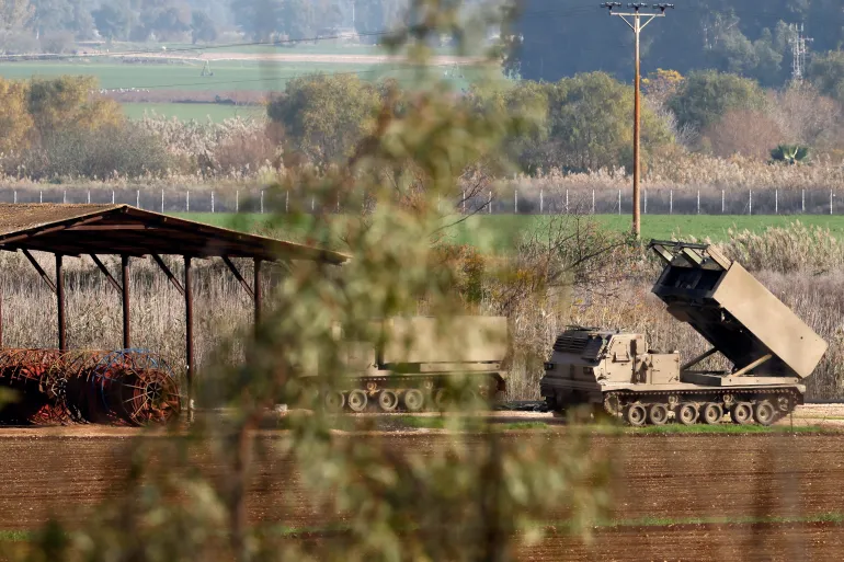 Israeli multiple rocket launchers are deployed in the Upper Galilee in northern Israel near the border with Lebanon