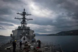 This November 12, 2018 photo shows the USS Carney in the Mediterranean Sea [Mass Communication Specialist 1st Class Ryan U Kledzik/US Navy via AP]