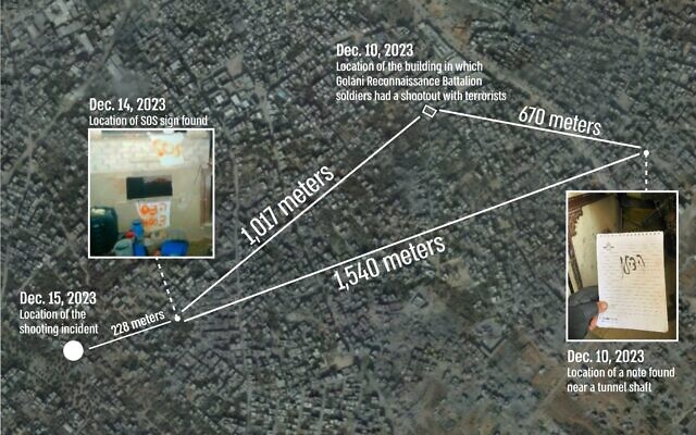 This infographic published by the IDF on December 28, 2023, details the locations of an incident in Gaza City's Shejaiya neighborhood where three hostages were killed by troops (Israel Defense Forces)