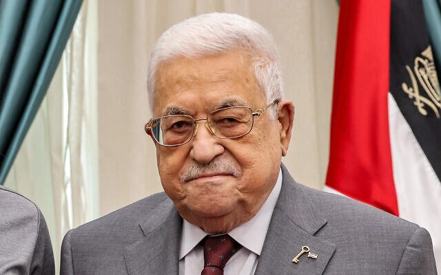 Palestinian Authority President Mahmoud Abbas looking on as he receives Palestinian athletes in Ramallah in the West Bank on August 4, 2023. (Wissam Khalifa/PPO/AFP)