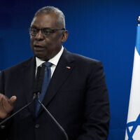 US Secretary of Defense Lloyd Austin makes a joint statement with Israel Minister of Defense Yoav Gallant, after their meeting about Israel's military operation in Gaza, in Tel Aviv, Israel, December 18, 2023. (Maya Alleruzzo/AP)