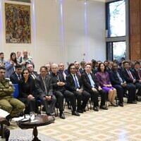 President Isaac Herzog meets with a group of foreign ambassadors at his Jerusalem residence on December 19, 2023. (GPO)