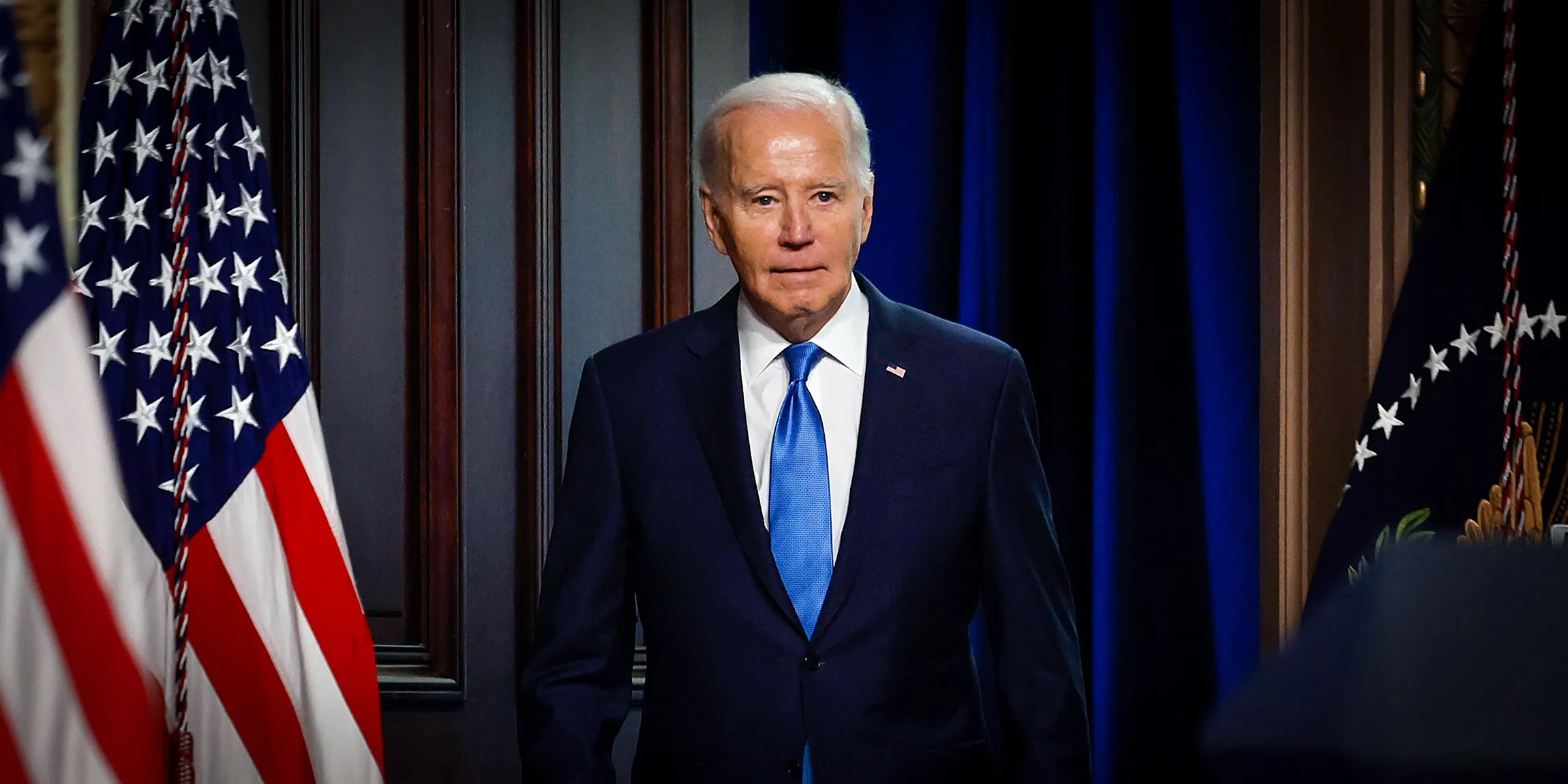 WASHINGTON, DC - DECEMBER 13: U.S. President Joe Biden arrives for a meeting of his National Infrastructure Advisory Council  in the Indian Treaty Room of the Eisenhower Executive Office Building on December 13, 2023 in Washington, DC. President Biden talked about his administration's success in passing the $1 trillion Bipartisan Infrastructure Law, legislation that is "not just about building infrastructure," he said. "It’s about building better infrastructure.”  (Photo by Chip Somodevilla/Getty Images)