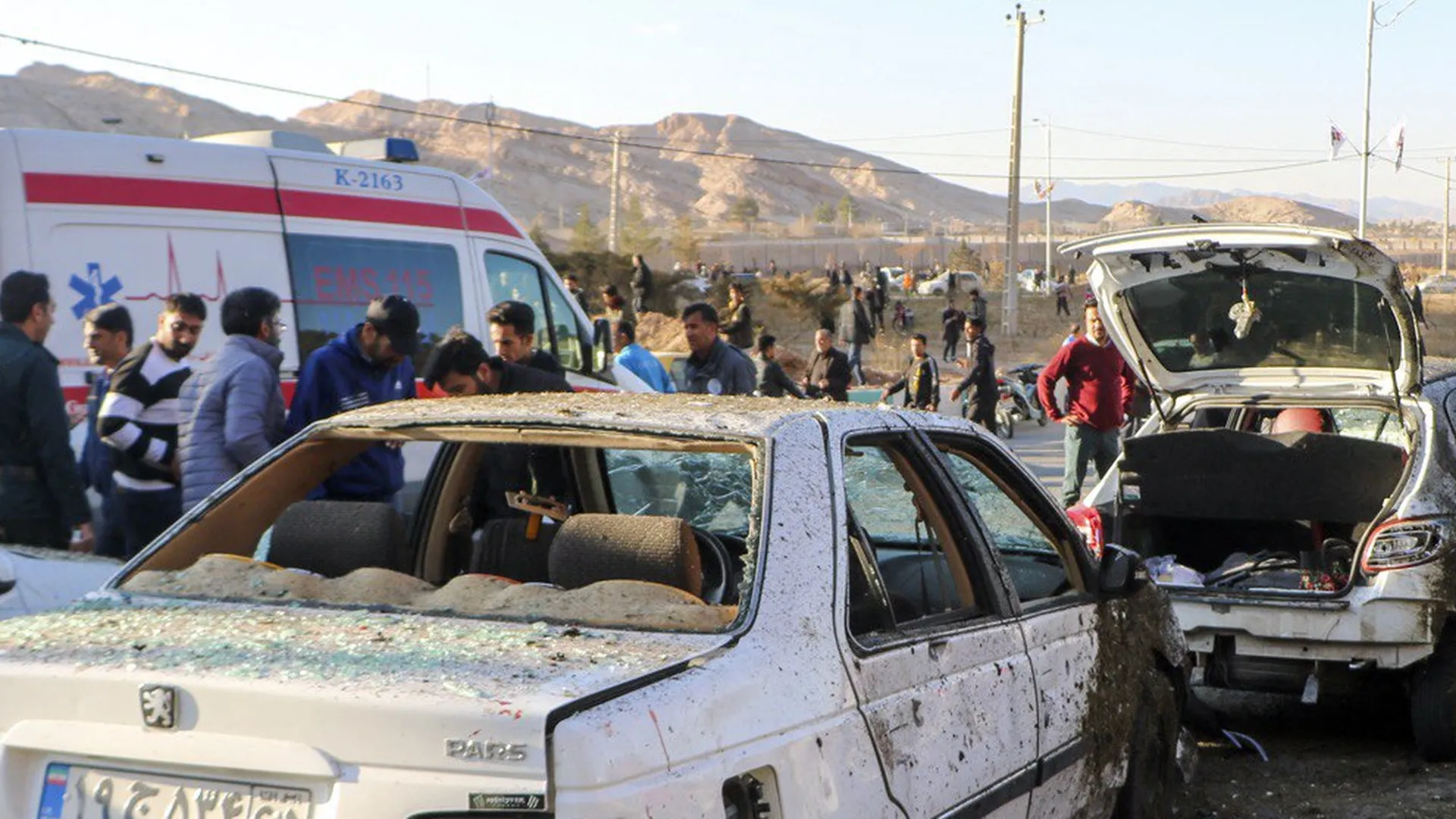 Emergency services respond to Wednesday's attack in Kerman.