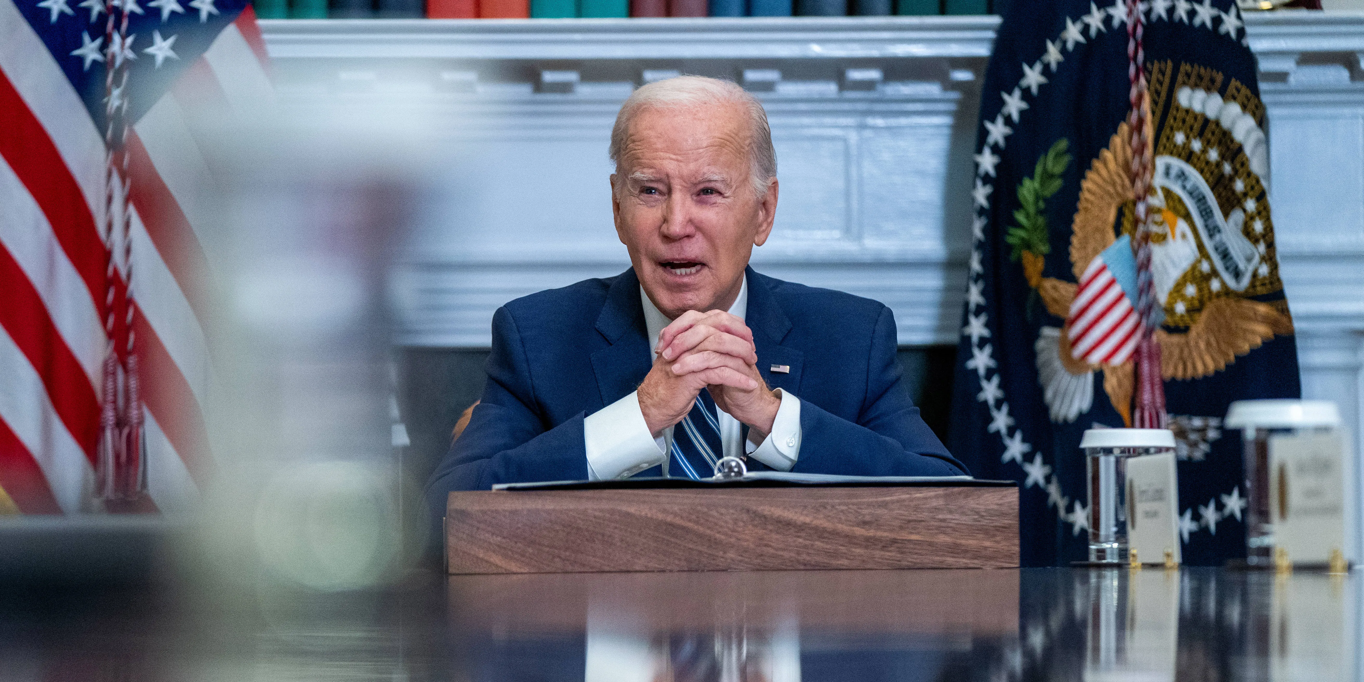 US President Joe Biden during a meeting to accelerate efforts to counter the flow of fentanyl into the United States in the Roosevelt Room of the White House in Washington, DC, US, on Tuesday, Nov. 21, 2023. The Biden administration's decision to remove a Chinese organization from a sanctions list as part of a deal to combat the fentanyl crisis marks an unusual concession to Beijing's complaints over US trade restrictions. Photographer: Shawn Thew/EPA/Bloomberg via Getty Images