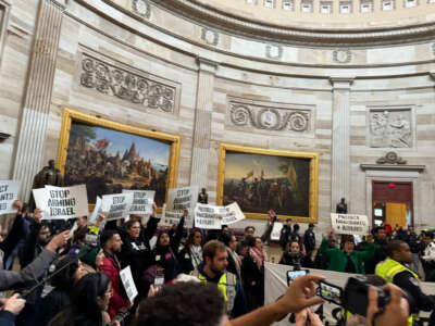 Protesters enter the U.S. Capitol in Washington, D.C. on December 19, 2023, to demand an immediate ceasefire in Gaza and an end to anti-migrant U.S. policies and practices.
