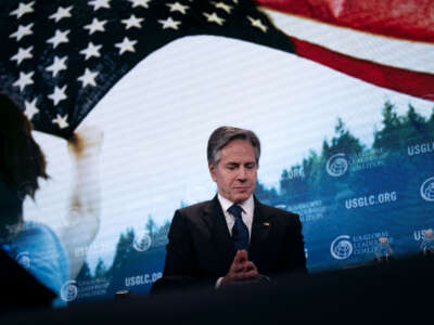 Secretary of State Antony Blinken waits to speak during the U.S. Global Leadership Coalition (USGLC) 2023 Tribute Celebration at the Ritz Carlton in Washington, D.C. on December 5, 2023.