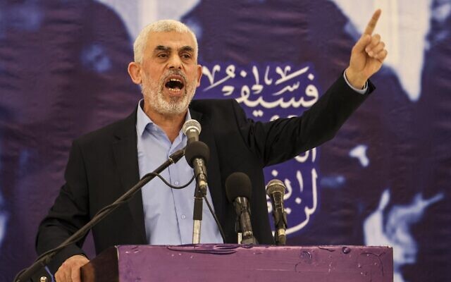 Yahya Sinwar, Hamas's Gaza chief, speaks during a meeting in Gaza City, on April 30, 2022. (Mahmud Hamas/AFP)