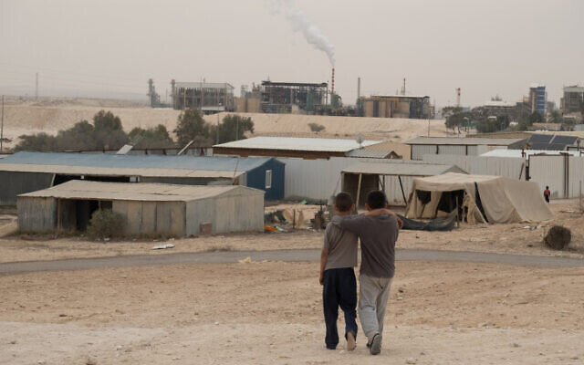 The unrecognized Bedouin villages around the Ramat Hovav industrial area in southern Israel suffer from a high level of air pollution from nearby chemical evaporation ponds and an Israel Electric Company power plant, December 28, 2017. (Yaniv Nadav/Flash90/File)