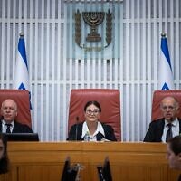 Illustrative: Then-Supreme Court Chief of Justice Ester Hayut and Supreme court justices at a court hearing in the Supreme Court in Jerusalem, October 6, 2022. (Yonatan Sindel/Flash90)