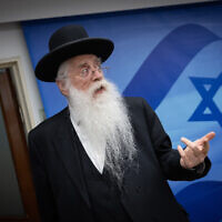Minister for Jerusalem Affairs and Jewish Heritage Meir Porush arrives for the weekly cabinet meeting at the Prime Minister's Office in Jerusalem on May 14, 2023. (Yonatan Sindel/Flash90)