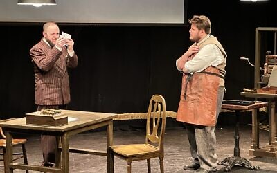 Mikhl Yashinsky (L) and Joshua Horowitz (R) in 'The Gospel According to Chaim,' at the New Yiddish Repertory Theater in New York, December 2023. (Credit: Qixin Zhang)