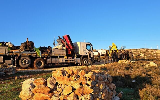 Border Police forces evacuate and demolish the illegal West Bank outpost of Sde Yonatan, December 26, 2023. (Courtesy)