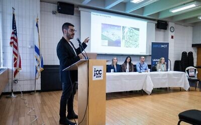 Israel advocate Jonathan Elkhoury during a public talk at the Jewish Community Center in Marblehead, Massachusetts, USA, on November 5, 2023 (photo by Harel Madhala, courtesy)