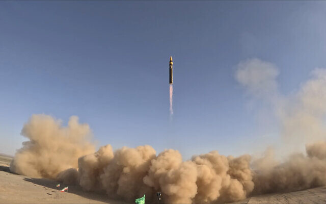 In this picture released by the Iranian Defense Ministry on May 25, 2023, a Khorramshahr-4 missile is launched at an undisclosed location, Iran. (Iranian Defense Ministry via AP)