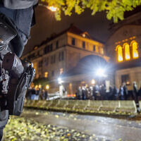 Illustrative: Police officers secure a synagogue in Frankfurt, Germany, Thursday, Nov. 9, 2023. (AP Photo/Michael Probst)