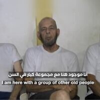 Screen capture from undated propaganda video released by the Hamas terror group on December 18, 2023 shows (L-R) Amiram Cooper, Chaim Peri, and Yoram Metzger, three Israelis held hostage since October 7 in the Gaza Strip. (X. Used in accordance with Clause 27a of the Copyright Law)