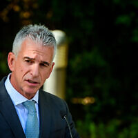 Mossad chief David Barnea speaks during the opening ceremony of the Eli Cohen Museum in Herzliya, December 12, 2022. (Avshalom Sassoni/Flash90)
