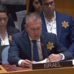 Permanent Representative of Israel, Gilad Erdan, at the UN wearing a yellow star. (Photo: Screenshot from video on The Telegraph Youtube Channel)