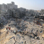 Palestinians search for survivors after the second bombardment of of Jabalia refugee camp in the past 24 hours on November 1, 2023. (Photo: Saeed Jaras/APA Images)