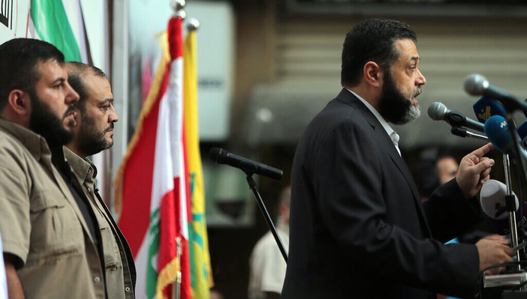 Hamas spokesperson Osama Hamdan speaks during a rally organized by Lebanon's militant Hezbollah group to express solidarity with the Palestinian people, May 17, 2021. (Photo: Haitham Moussawi/APA Images)