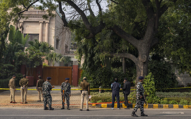 Delhi Police officers and paramilitary soldiers stand guard near the Israeli Embassy in New Delhi, India, December 27, 2023 (AP Photo/Altaf Qadri)