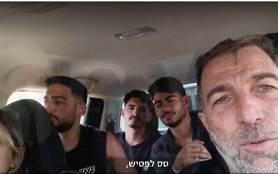 Some of the young partygoers rescued by Oz Davidian (right) on October 7, 2023. (Channel 13 screenshot, used in accordance with Clause 27a of the Copyright Law)